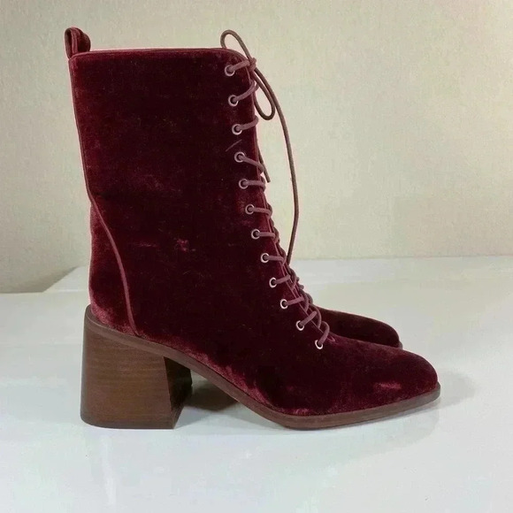 Sam Edelman Westie Brick Velvet 7.5 Chunky Heel Squared Toe Lace Up Boots - Picture 2 of 10